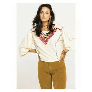 FREE PEOPLE Beige multicolor Embroidered Top S…